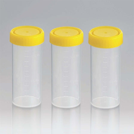 Techno Plas Flat Bottom Unlabelled Container Yellow Cap G/Sterile 120ml