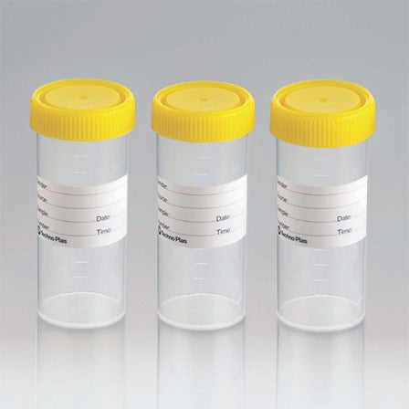 Techno Plas Flat Bottom Labelled Container Yellow Cap G/Sterile 120ml