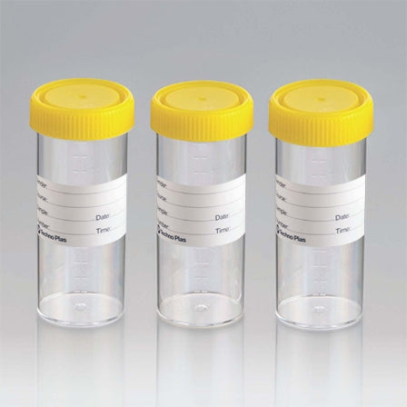 Techno Plas Flat Bottom Container Labelled Yellow Cap G/Sterile 120ml