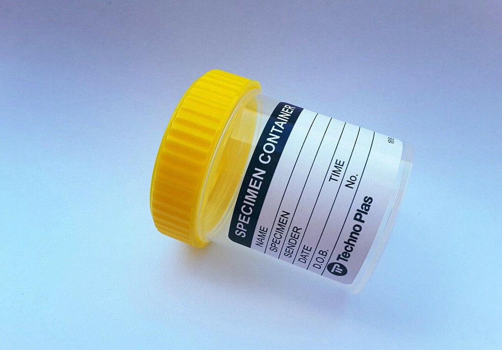 Techno Plas Flat Bottom Container Labelled G/Sterile Yellow Cap 70ml